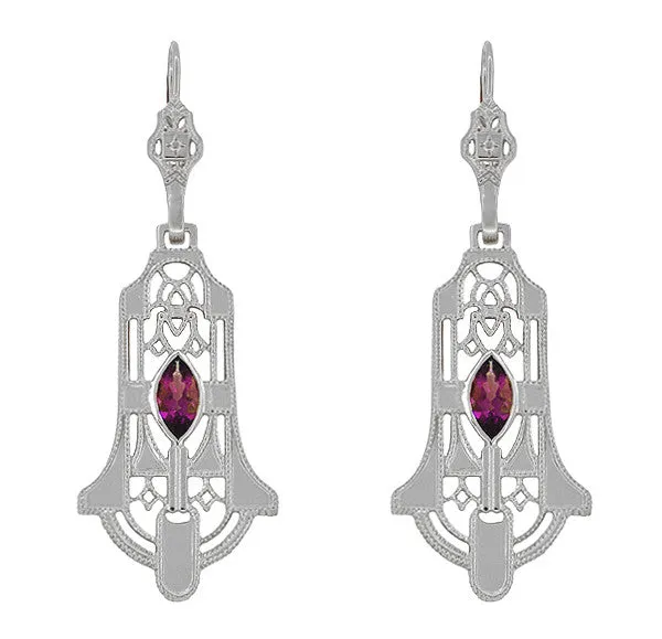 Art Deco Geometric Rhodolite Garnet Dangling Filigree Earrings in Sterling Silver