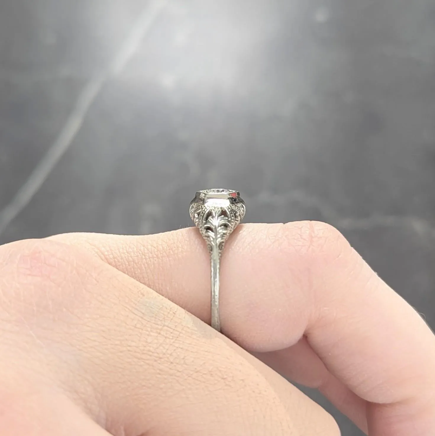 Art Deco Old European Diamond 18 Karat White Gold Vintage Hexagonal Engagement Ring
