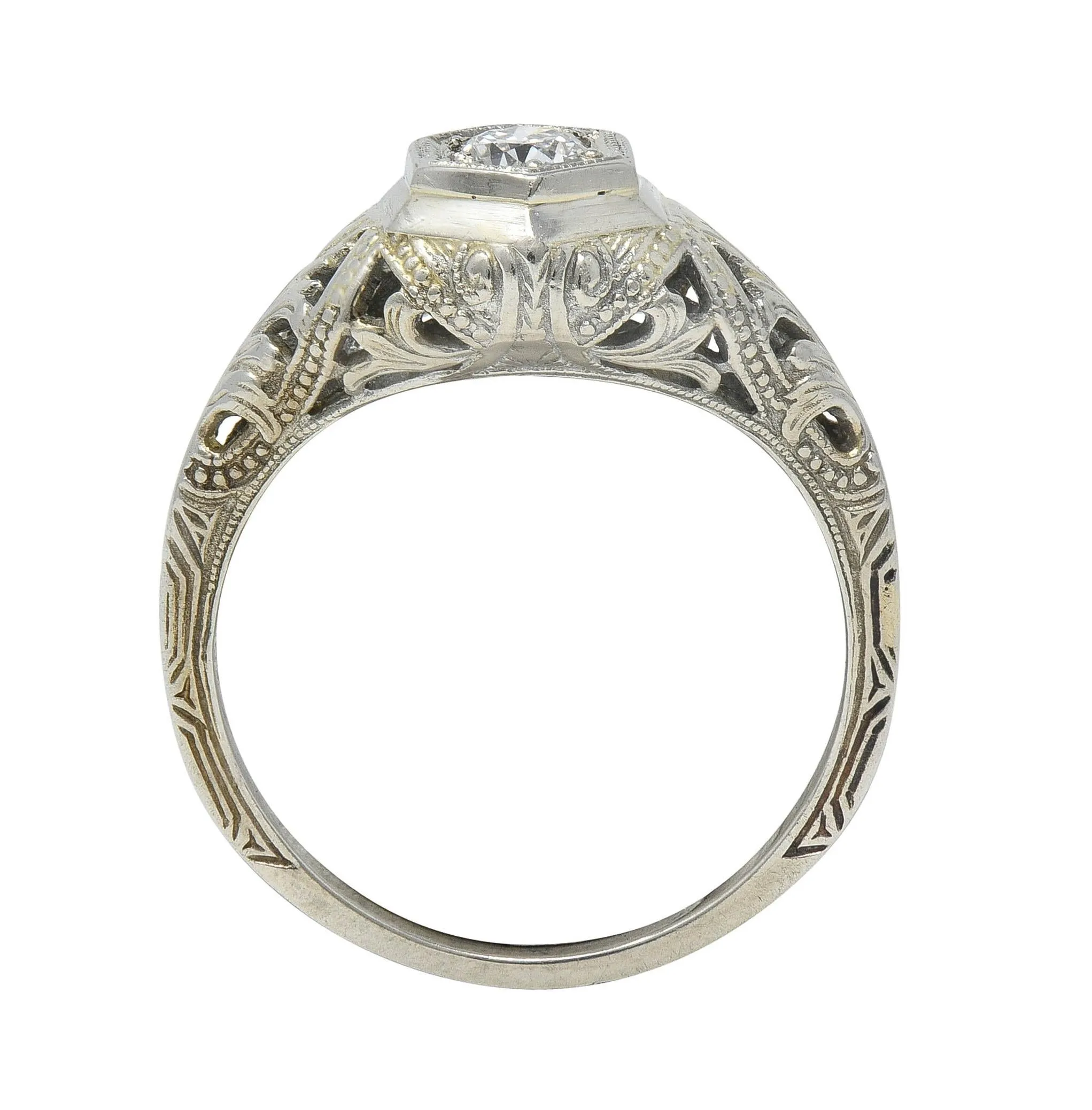 Art Deco Old European Diamond 18 Karat White Gold Vintage Hexagonal Engagement Ring