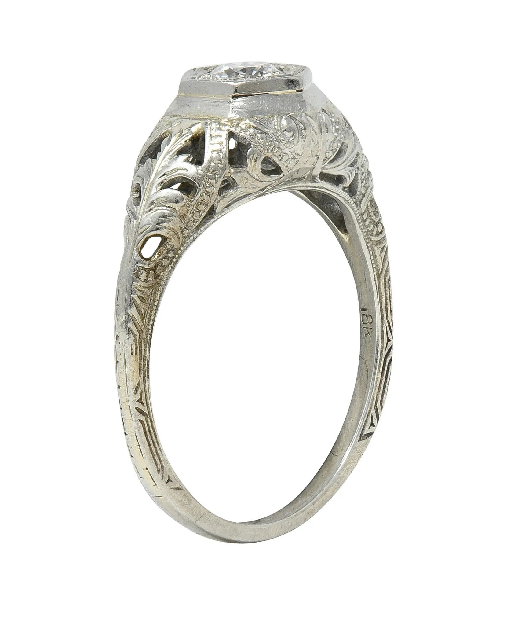 Art Deco Old European Diamond 18 Karat White Gold Vintage Hexagonal Engagement Ring