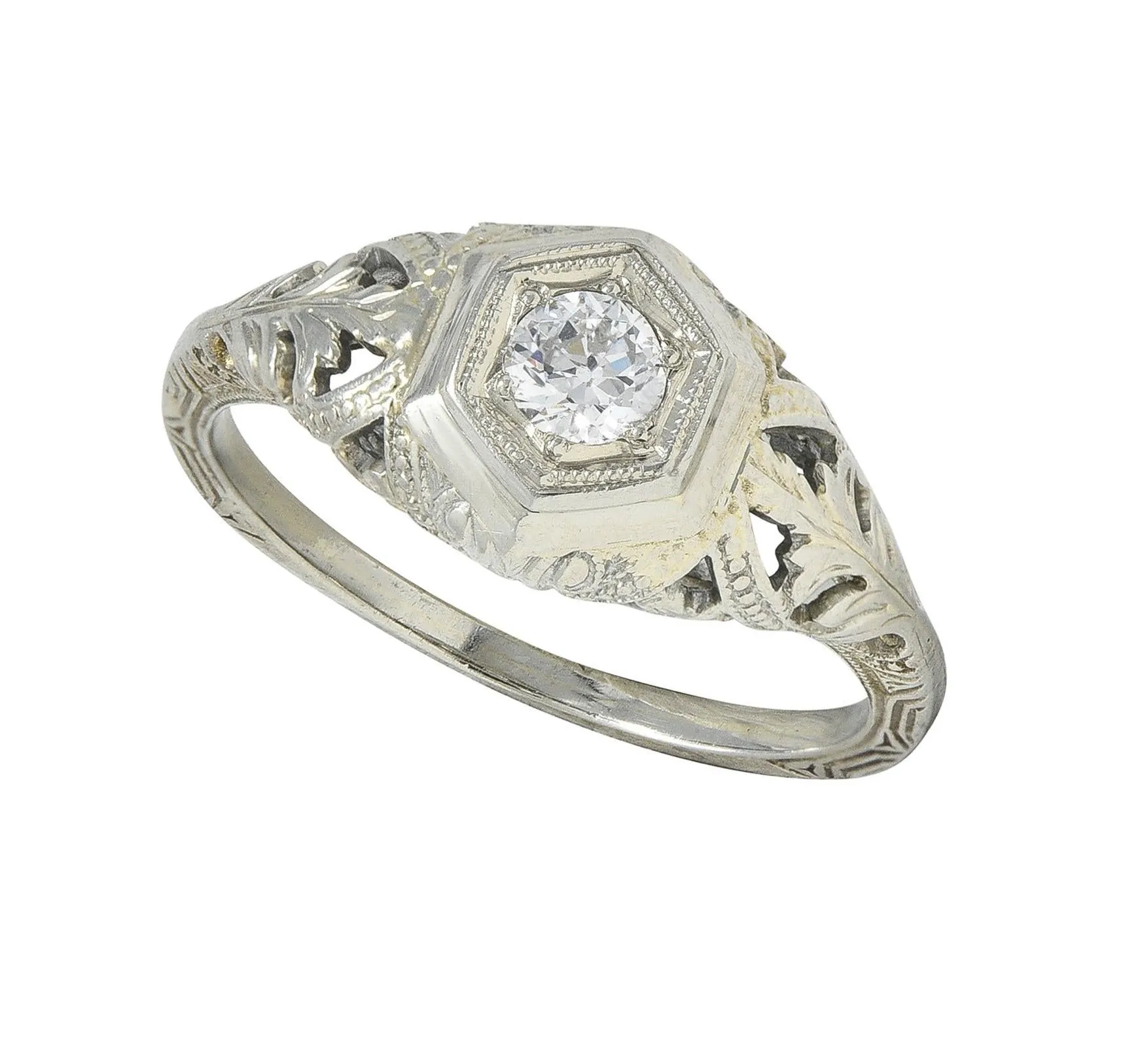 Art Deco Old European Diamond 18 Karat White Gold Vintage Hexagonal Engagement Ring