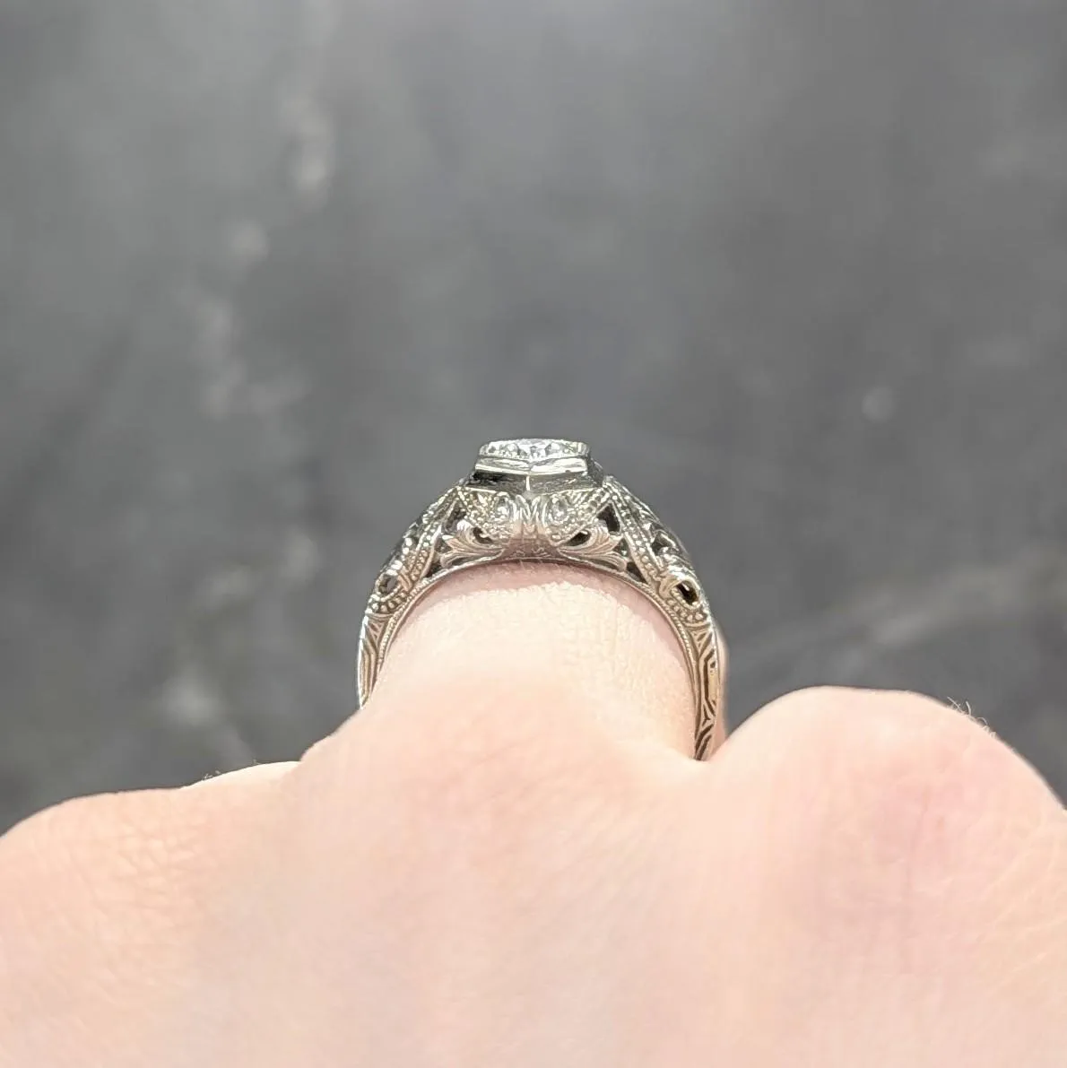 Art Deco Old European Diamond 18 Karat White Gold Vintage Hexagonal Engagement Ring
