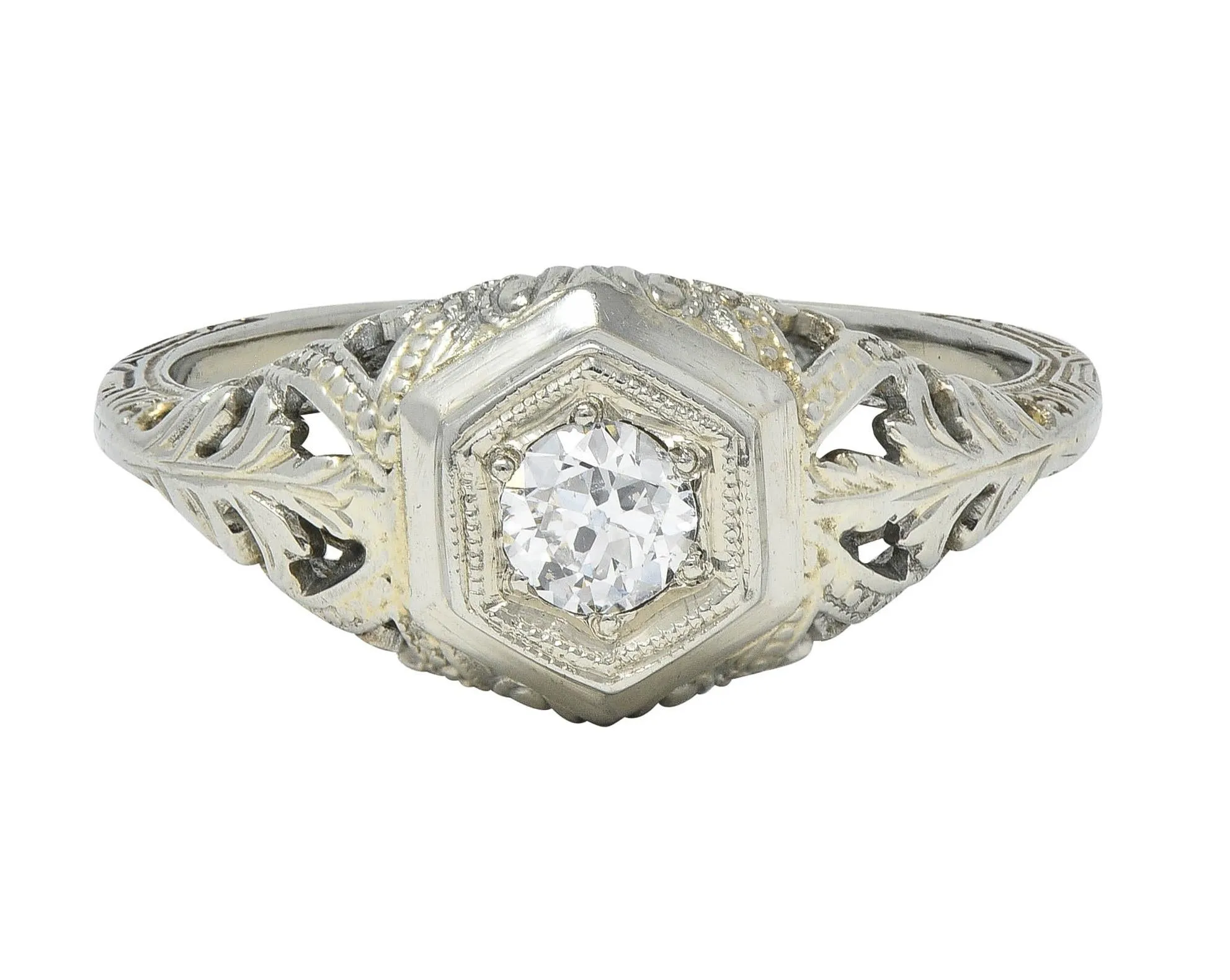 Art Deco Old European Diamond 18 Karat White Gold Vintage Hexagonal Engagement Ring
