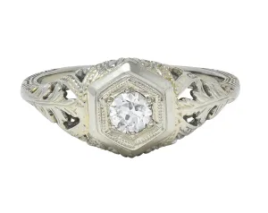 Art Deco Old European Diamond 18 Karat White Gold Vintage Hexagonal Engagement Ring