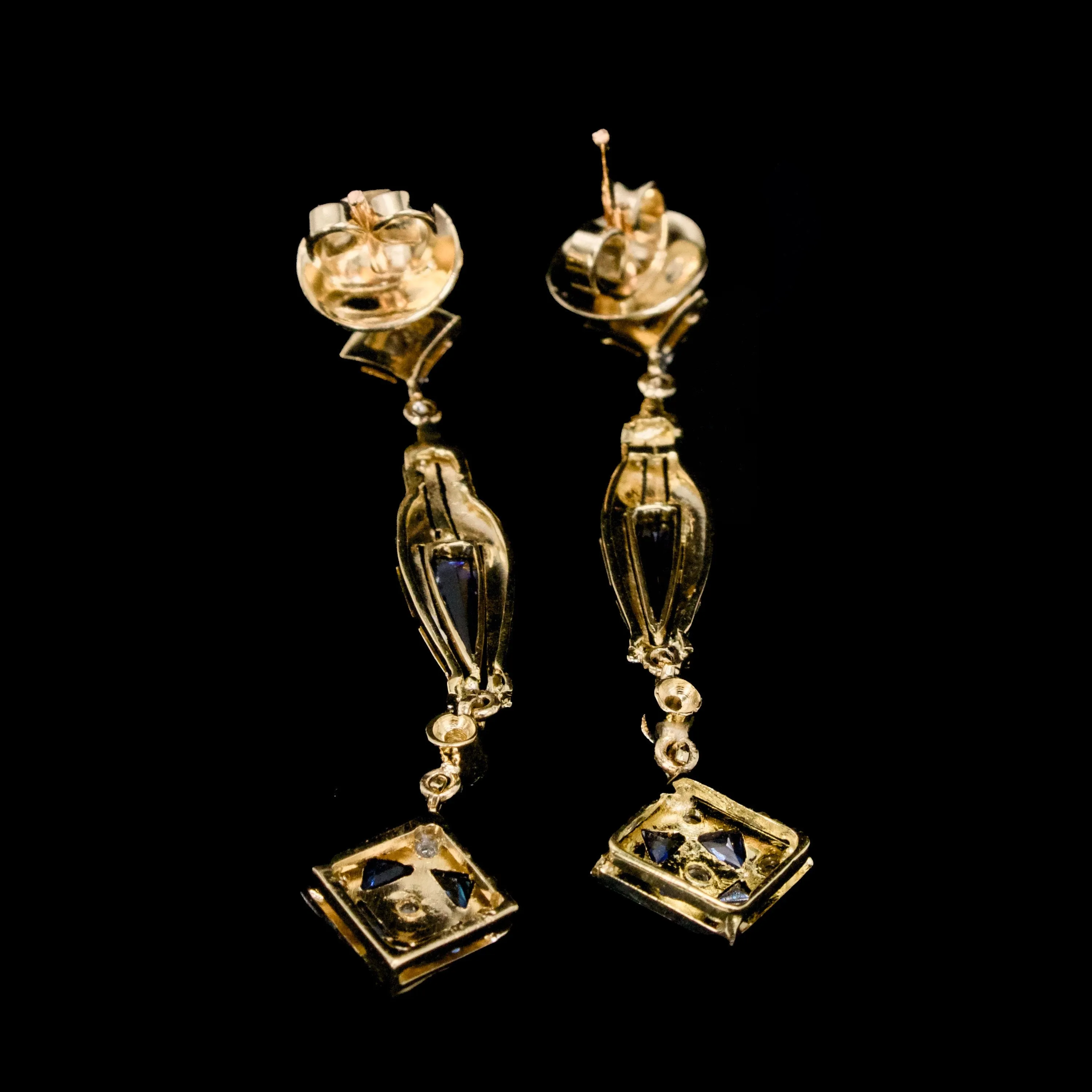 Art Deco Rose Cut Diamond and Triangular Sapphire Kite Pendant Earrings