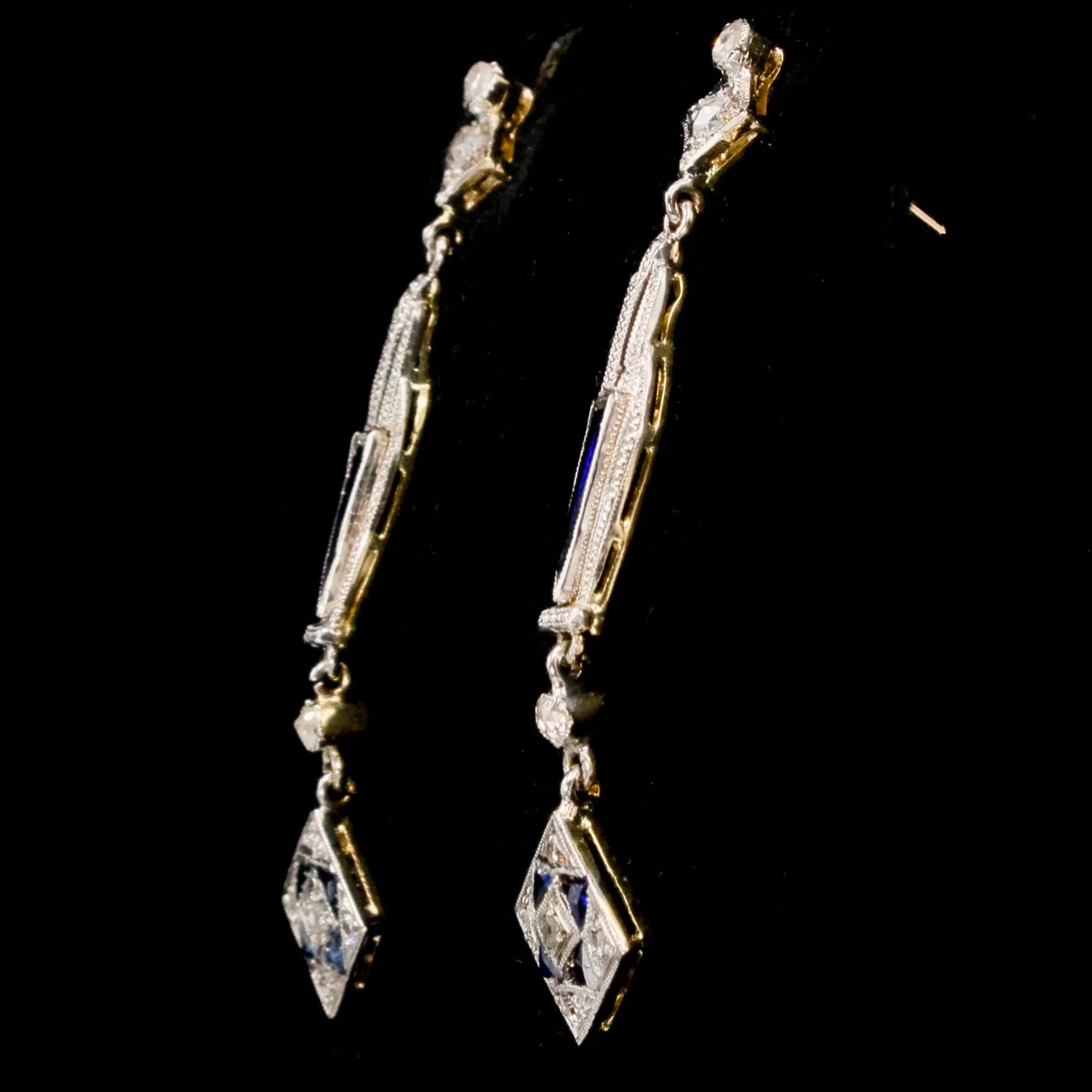Art Deco Rose Cut Diamond and Triangular Sapphire Kite Pendant Earrings