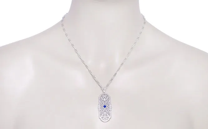 Art Deco Sapphire and Diamonds Floral Filigree Pendant Necklace in Sterling Silver