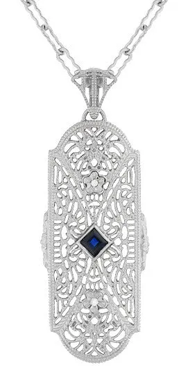 Art Deco Sapphire and Diamonds Floral Filigree Pendant Necklace in Sterling Silver