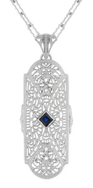 Art Deco Sapphire and Diamonds Floral Filigree Pendant Necklace in Sterling Silver