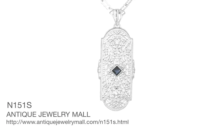 Art Deco Sapphire and Diamonds Floral Filigree Pendant Necklace in Sterling Silver