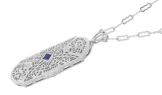 Art Deco Sapphire and Diamonds Floral Filigree Pendant Necklace in Sterling Silver