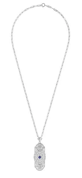 Art Deco Sapphire and Diamonds Floral Filigree Pendant Necklace in Sterling Silver
