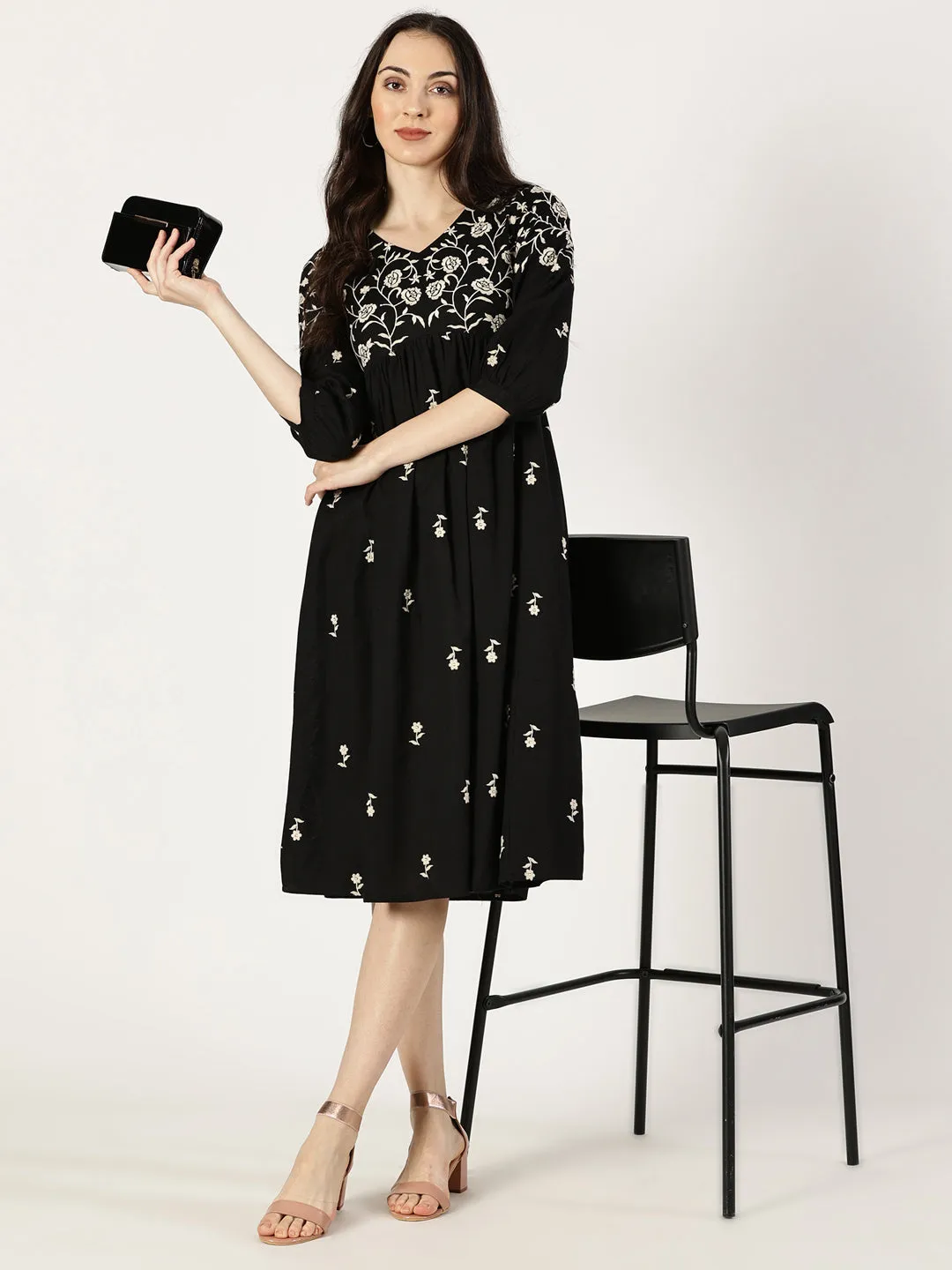 Black Boho Embroidered Midi Dress