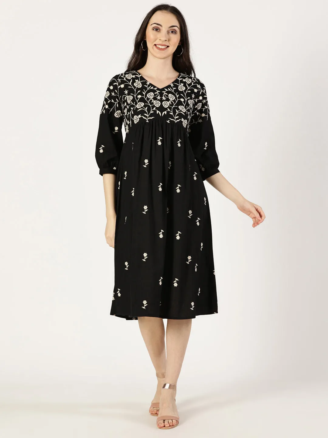 Black Boho Embroidered Midi Dress