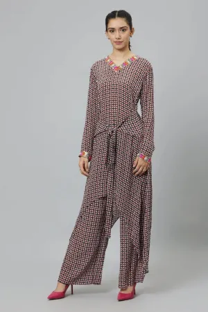BLACK GEOMETRIC PRINT FRONT TIE UP TUNIC SET