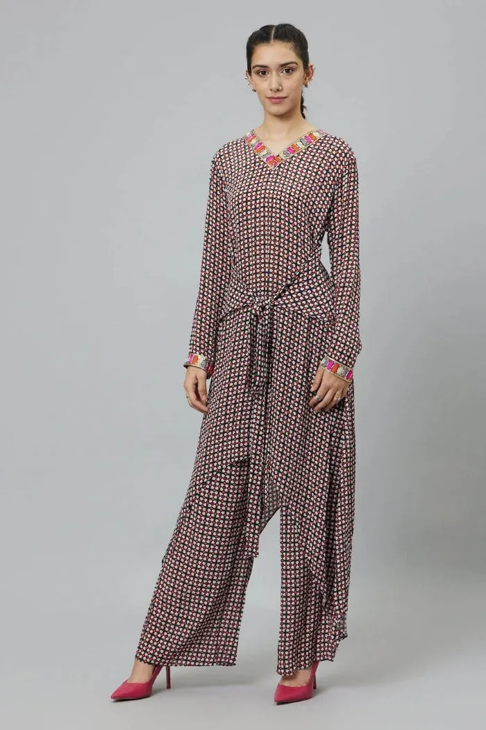 BLACK GEOMETRIC PRINT FRONT TIE UP TUNIC SET
