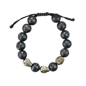 Black Lava & Carved Pyrite Skull Macrame Bracelet