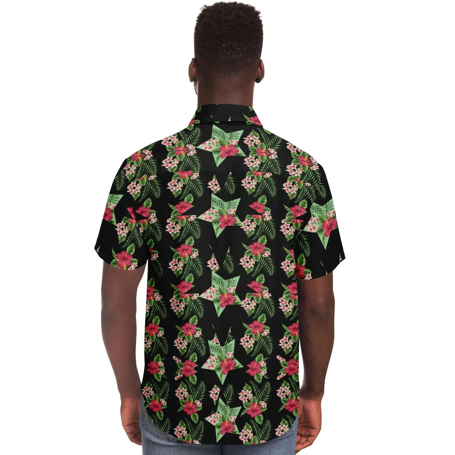 Black Men's Short Sleeve Button Down Shirts - Star Flowers