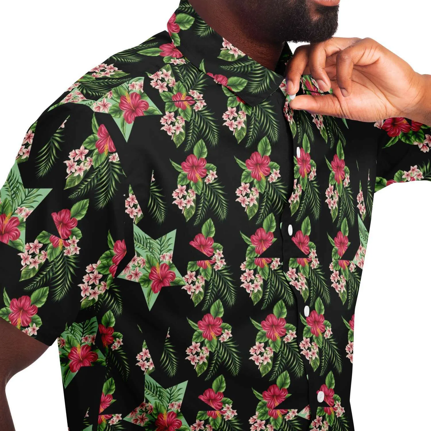 Black Men's Short Sleeve Button Down Shirts - Star Flowers