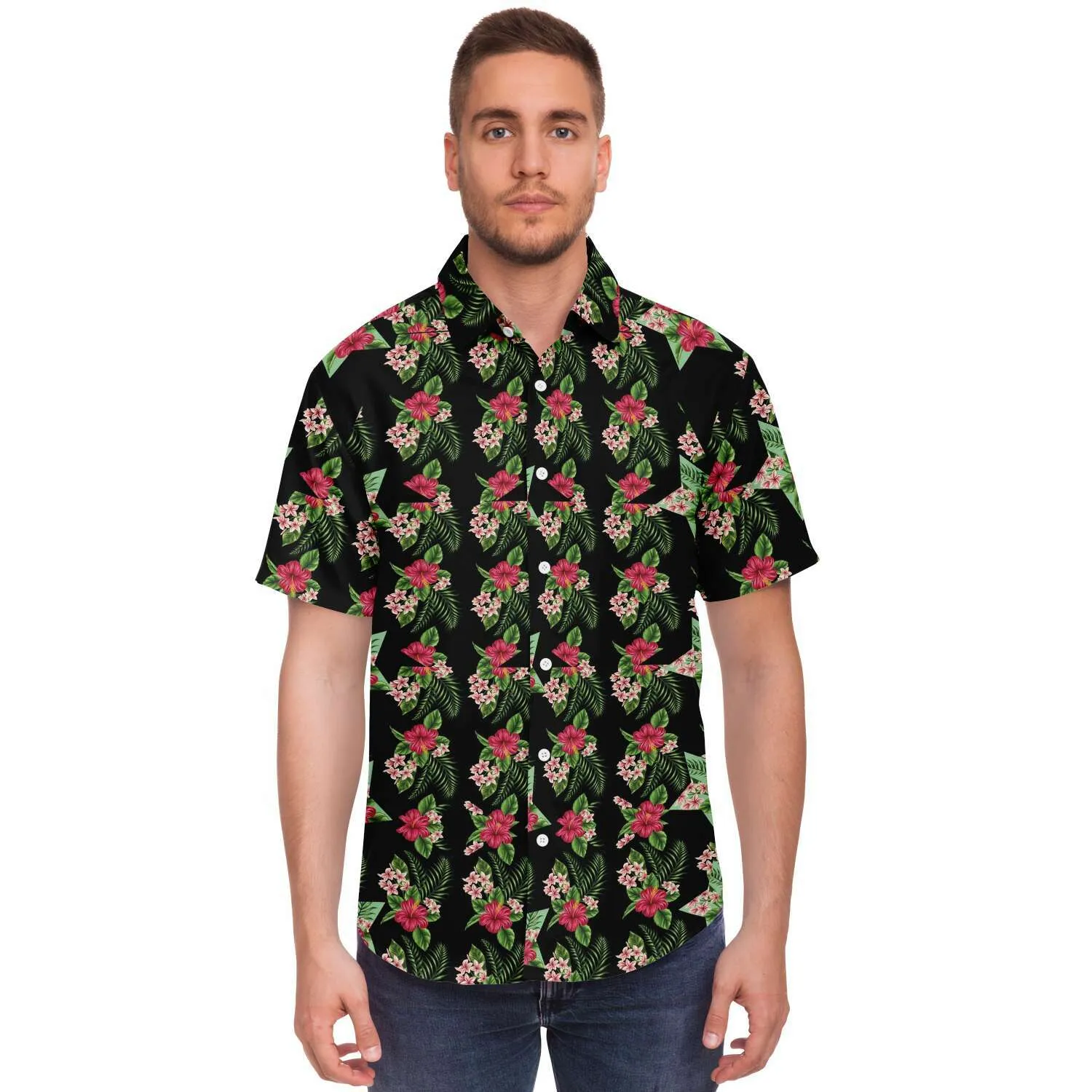 Black Men's Short Sleeve Button Down Shirts - Star Flowers