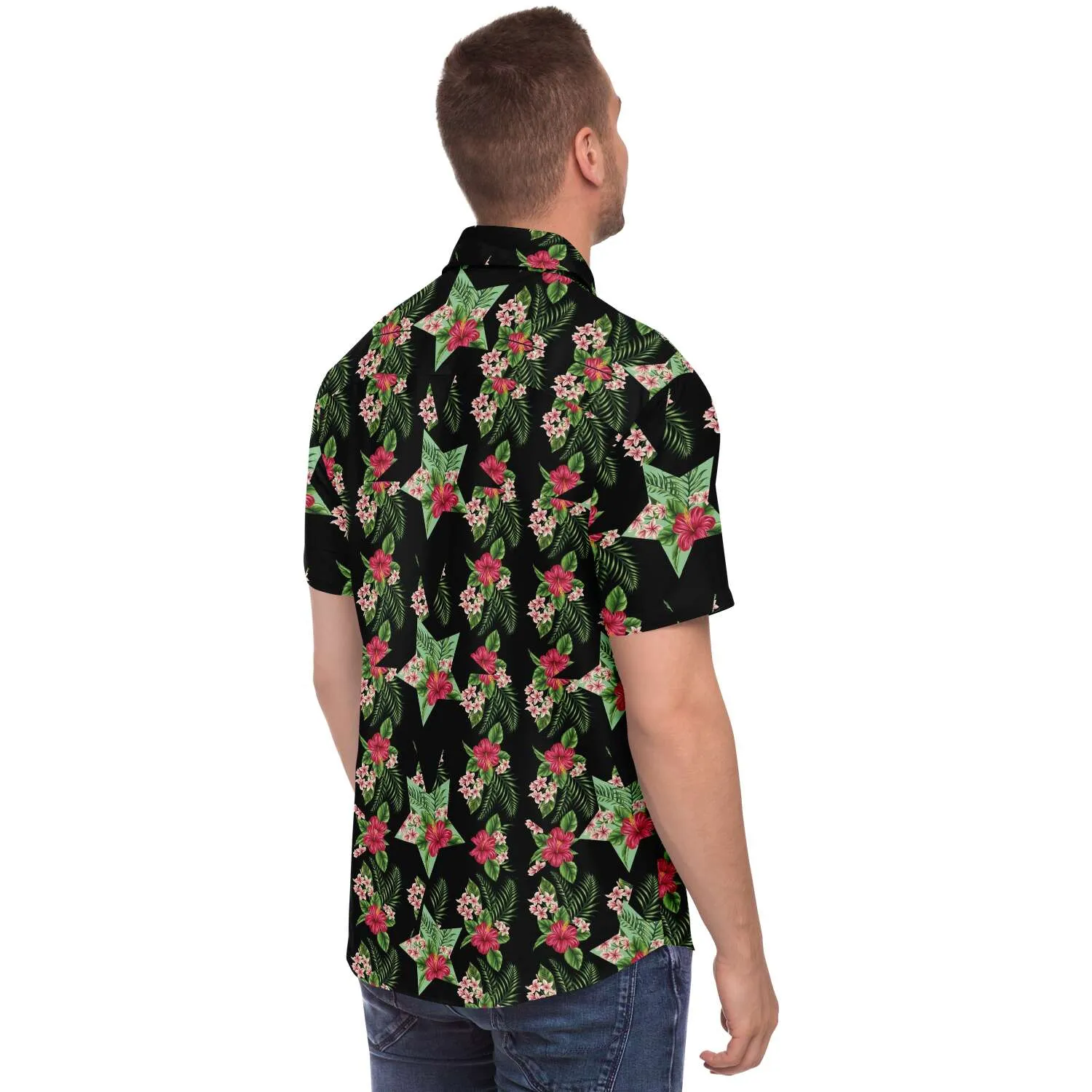 Black Men's Short Sleeve Button Down Shirts - Star Flowers