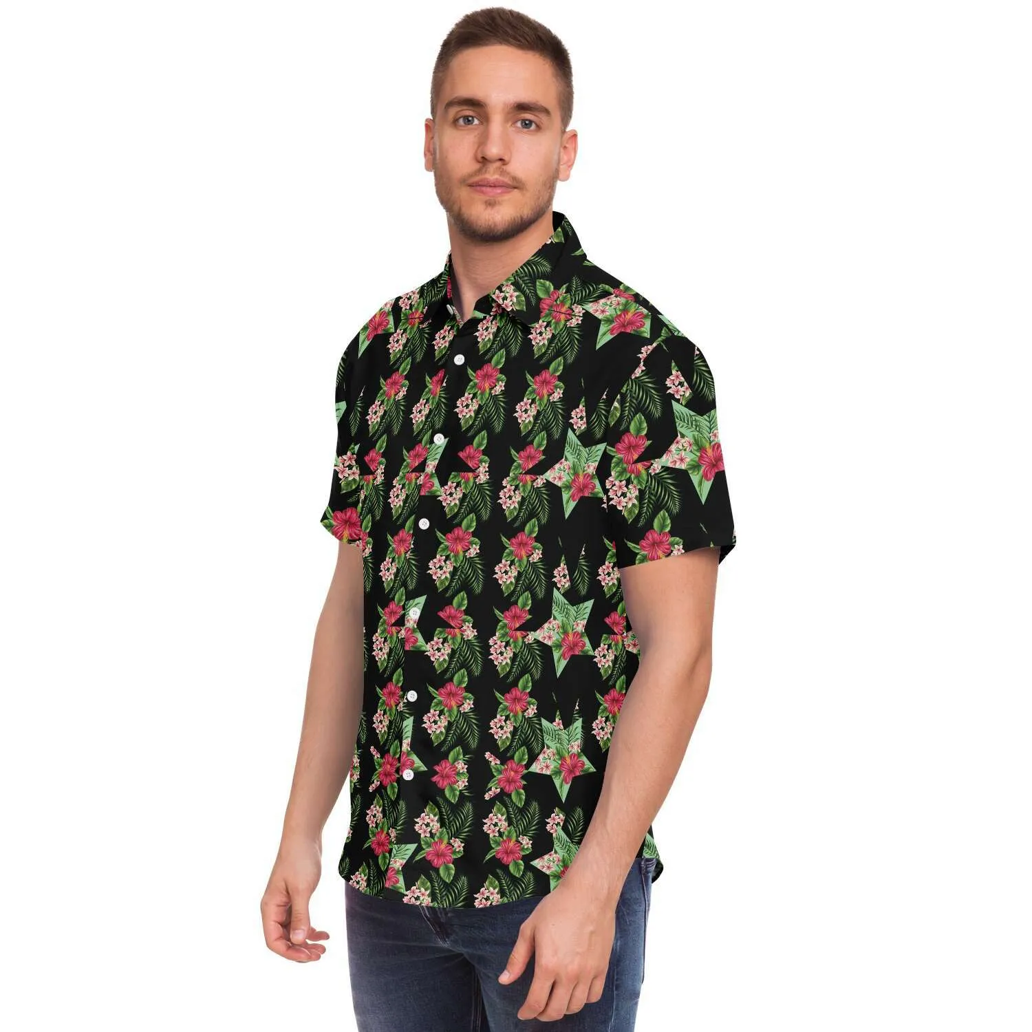 Black Men's Short Sleeve Button Down Shirts - Star Flowers
