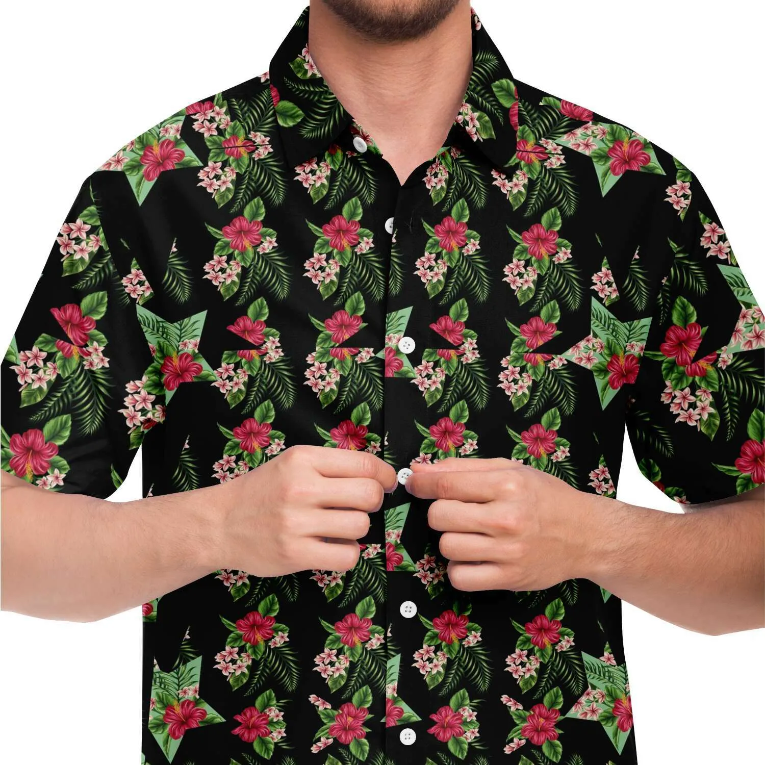 Black Men's Short Sleeve Button Down Shirts - Star Flowers