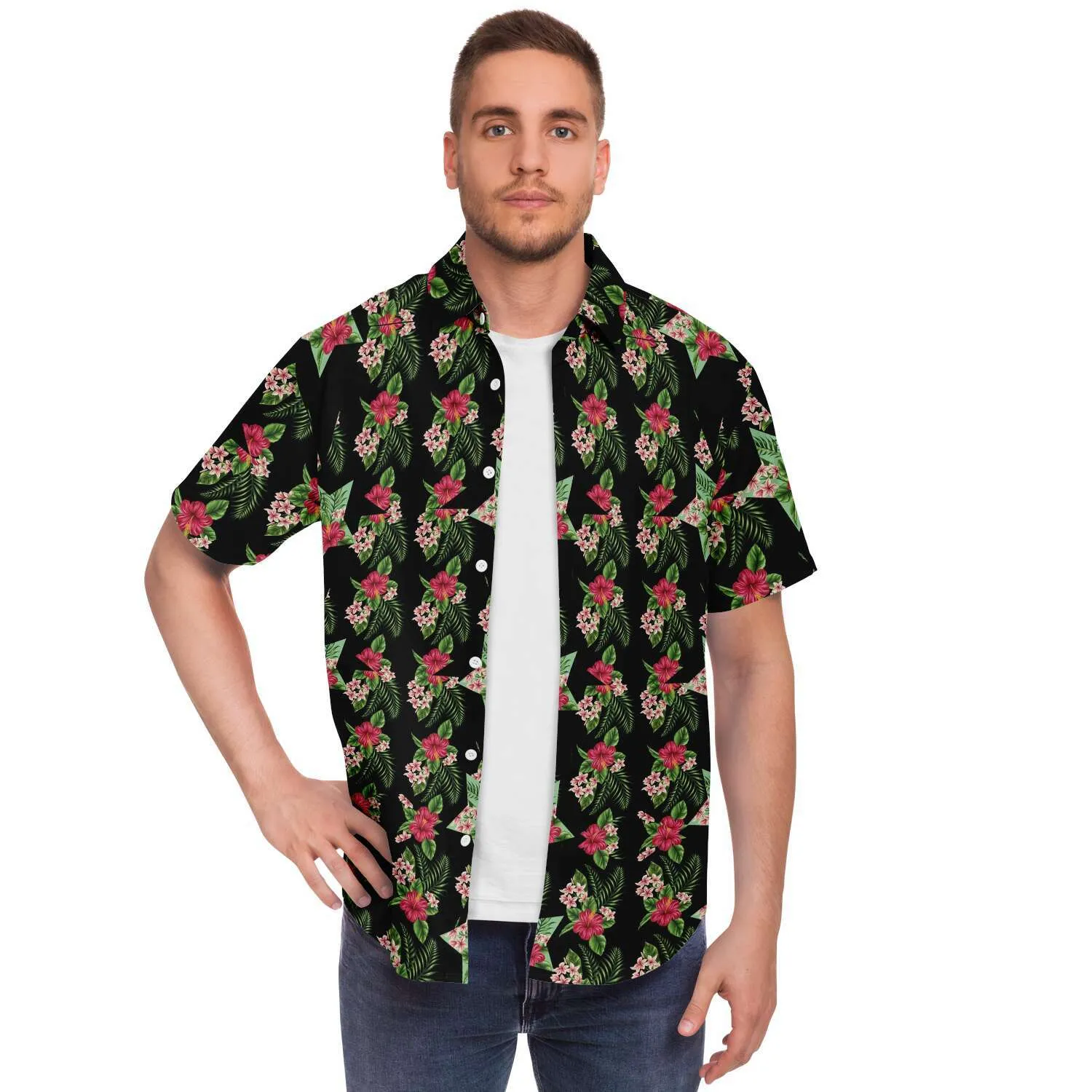 Black Men's Short Sleeve Button Down Shirts - Star Flowers