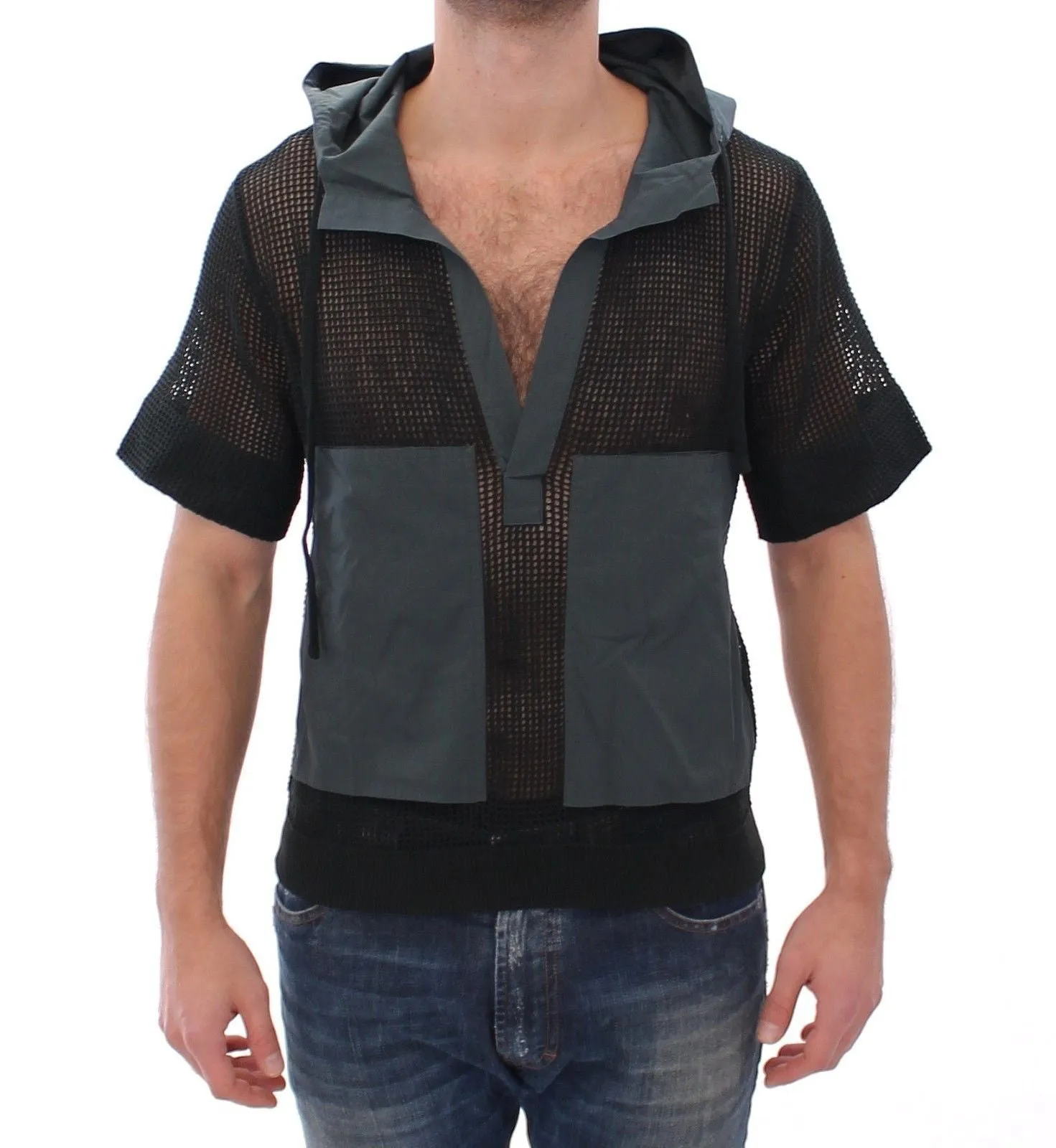 Black Runway Nets Knitted Hooded T-shirt