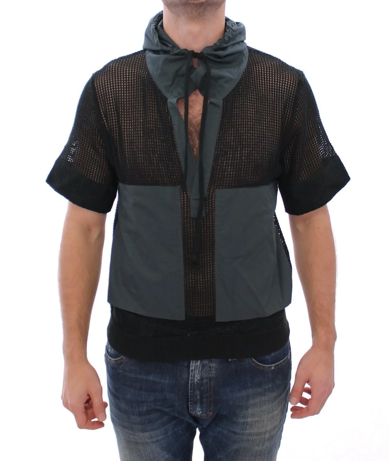 Black Runway Nets Knitted Hooded T-shirt