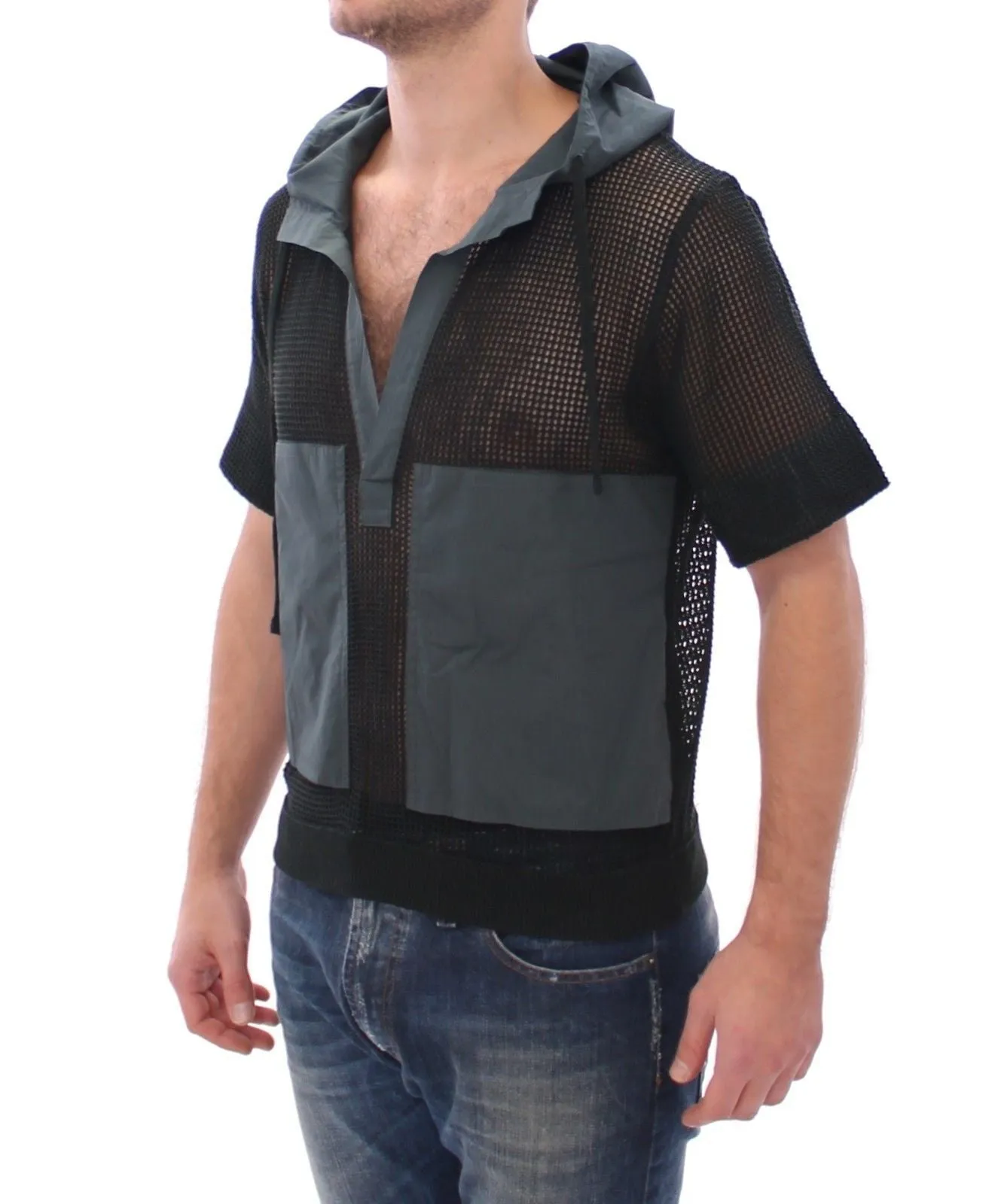 Black Runway Nets Knitted Hooded T-shirt