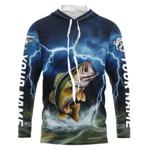 Blue Thunder Lightning Custom Largemouth Bass Fishing Long Sleeve Hooded Tournament Fishing Shirts IPHW8080