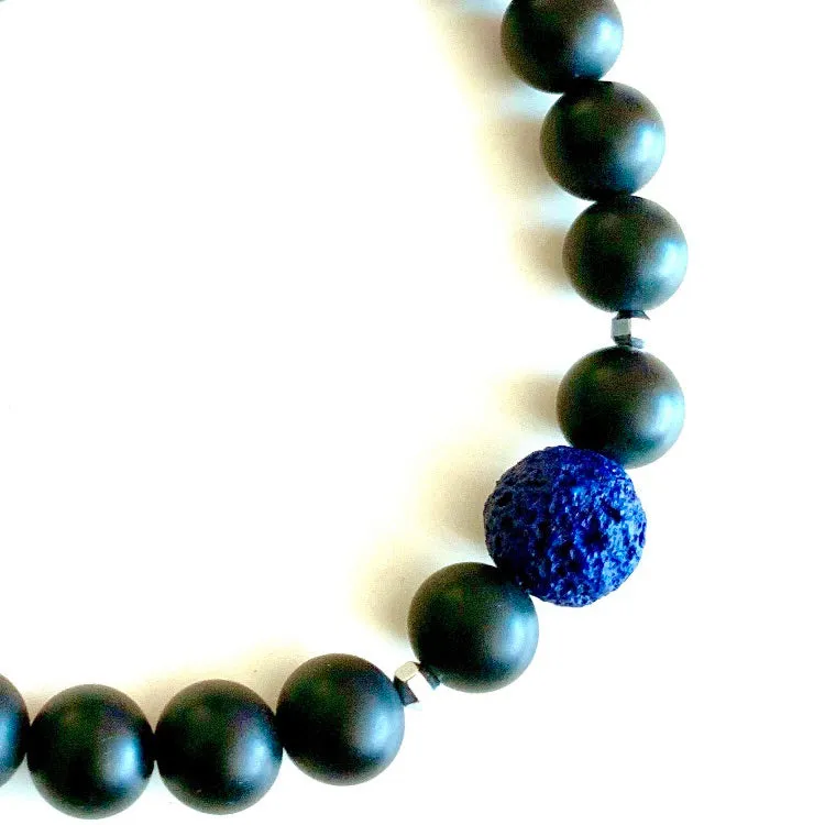 Blue Volcanic Lava Matte Black Onyx Macrame Men’s Bracelet