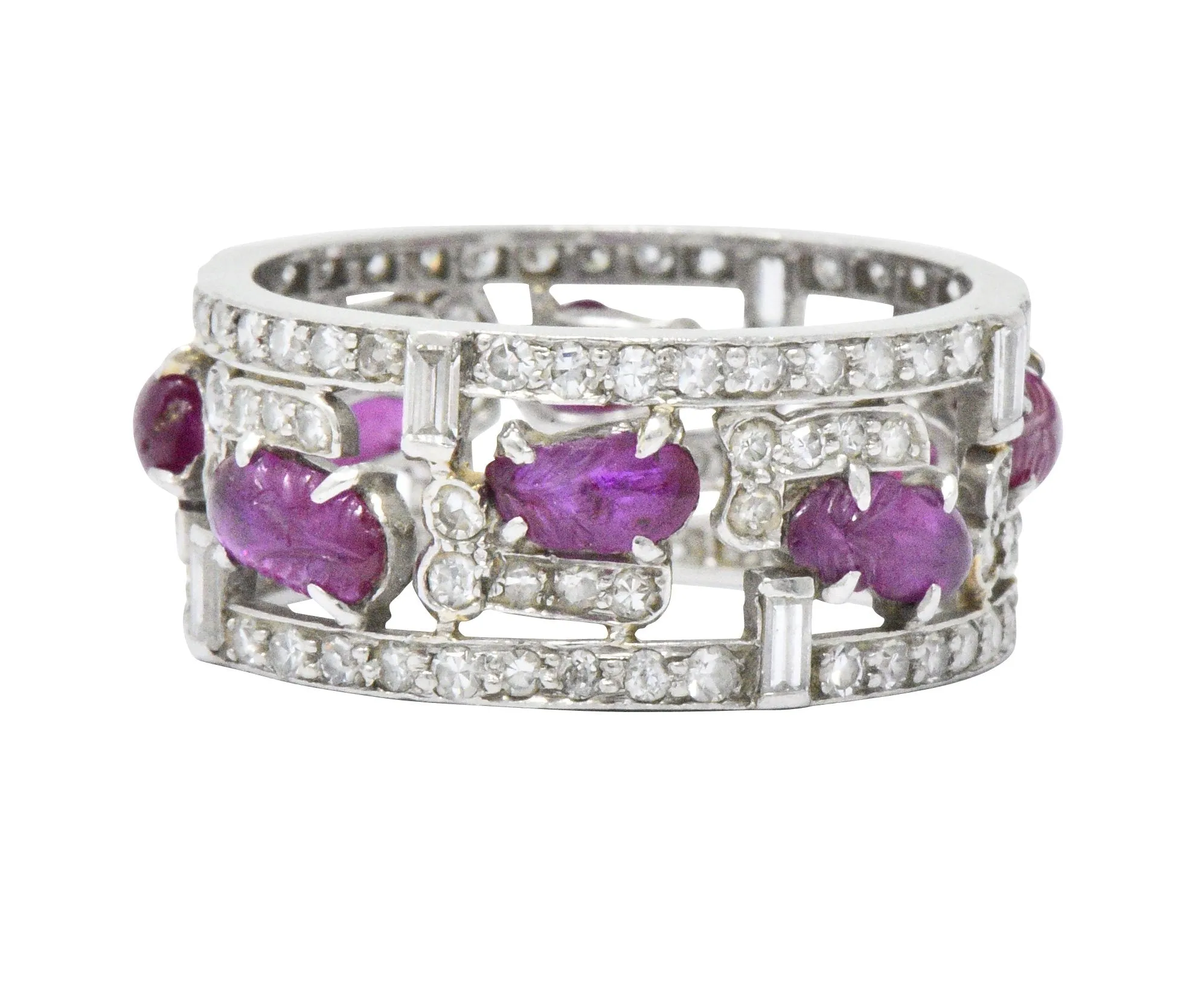 Bold Art Deco 2.50 CTW Diamond Carved Burmese Ruby Platinum Band Ring