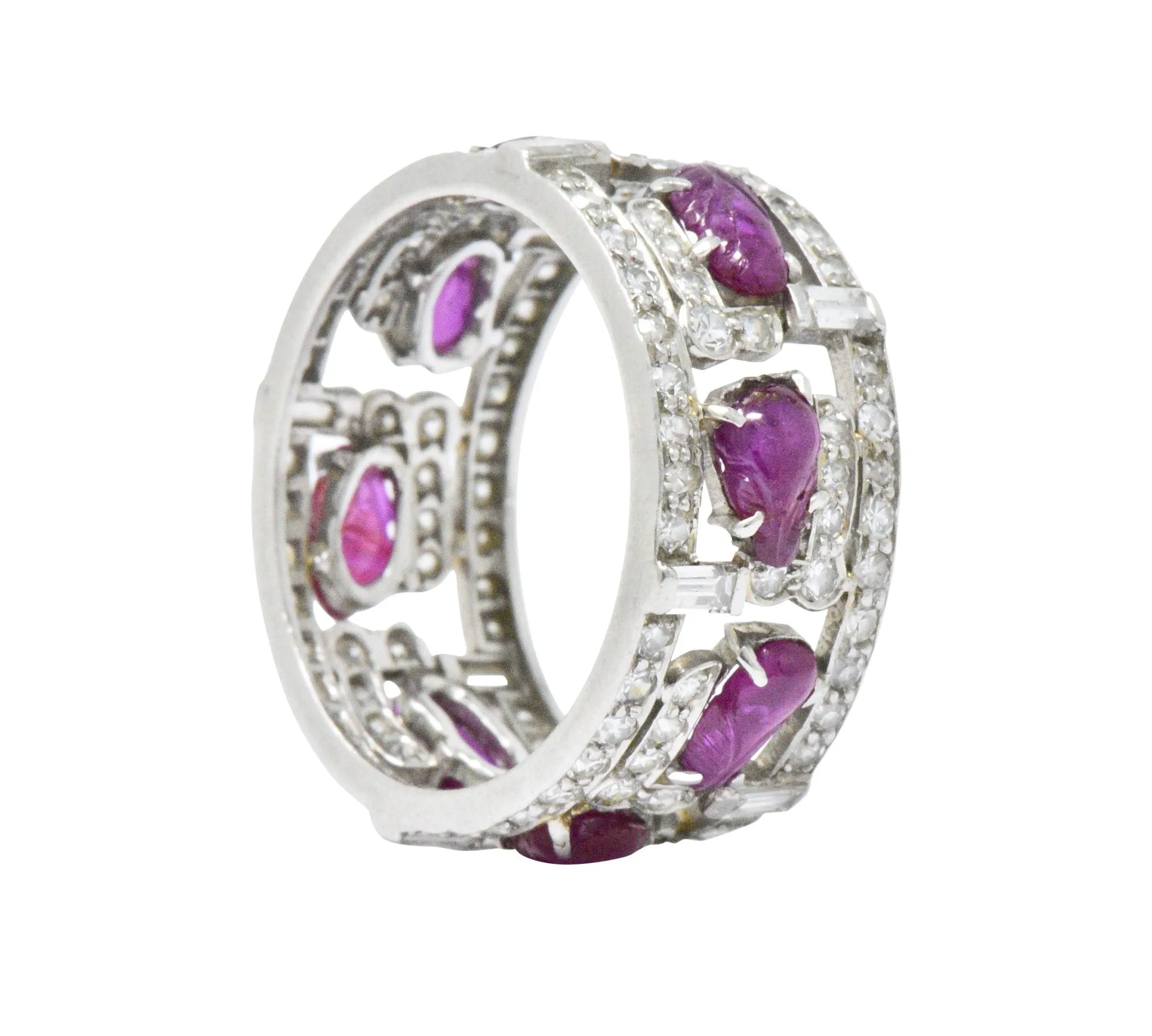 Bold Art Deco 2.50 CTW Diamond Carved Burmese Ruby Platinum Band Ring