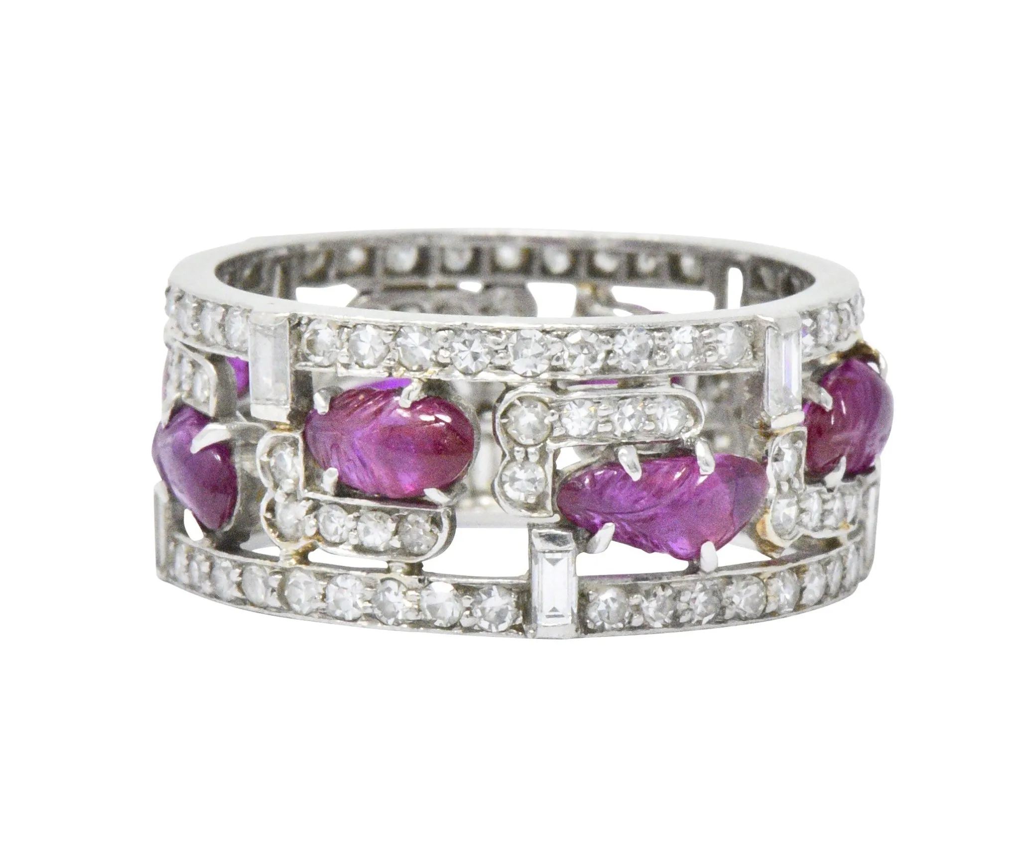 Bold Art Deco 2.50 CTW Diamond Carved Burmese Ruby Platinum Band Ring