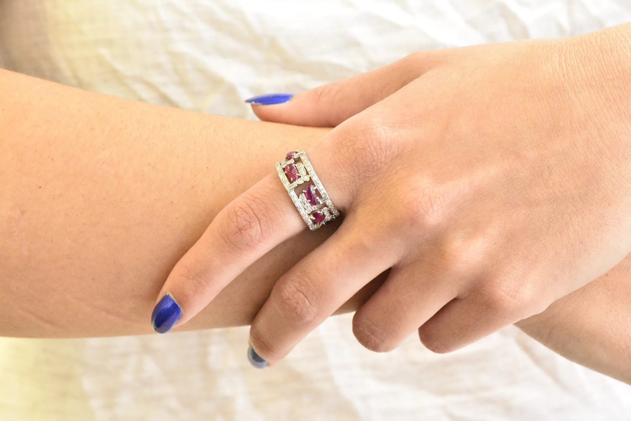 Bold Art Deco 2.50 CTW Diamond Carved Burmese Ruby Platinum Band Ring