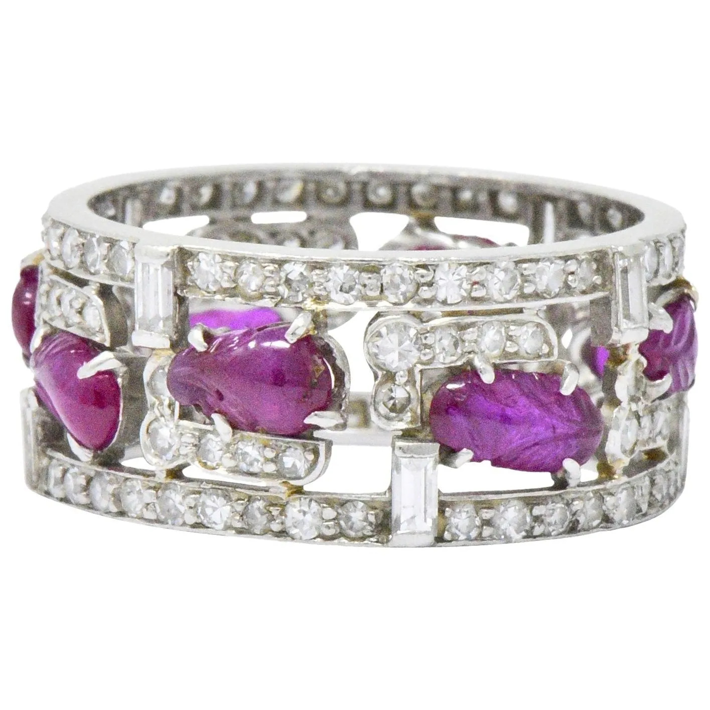 Bold Art Deco 2.50 CTW Diamond Carved Burmese Ruby Platinum Band Ring