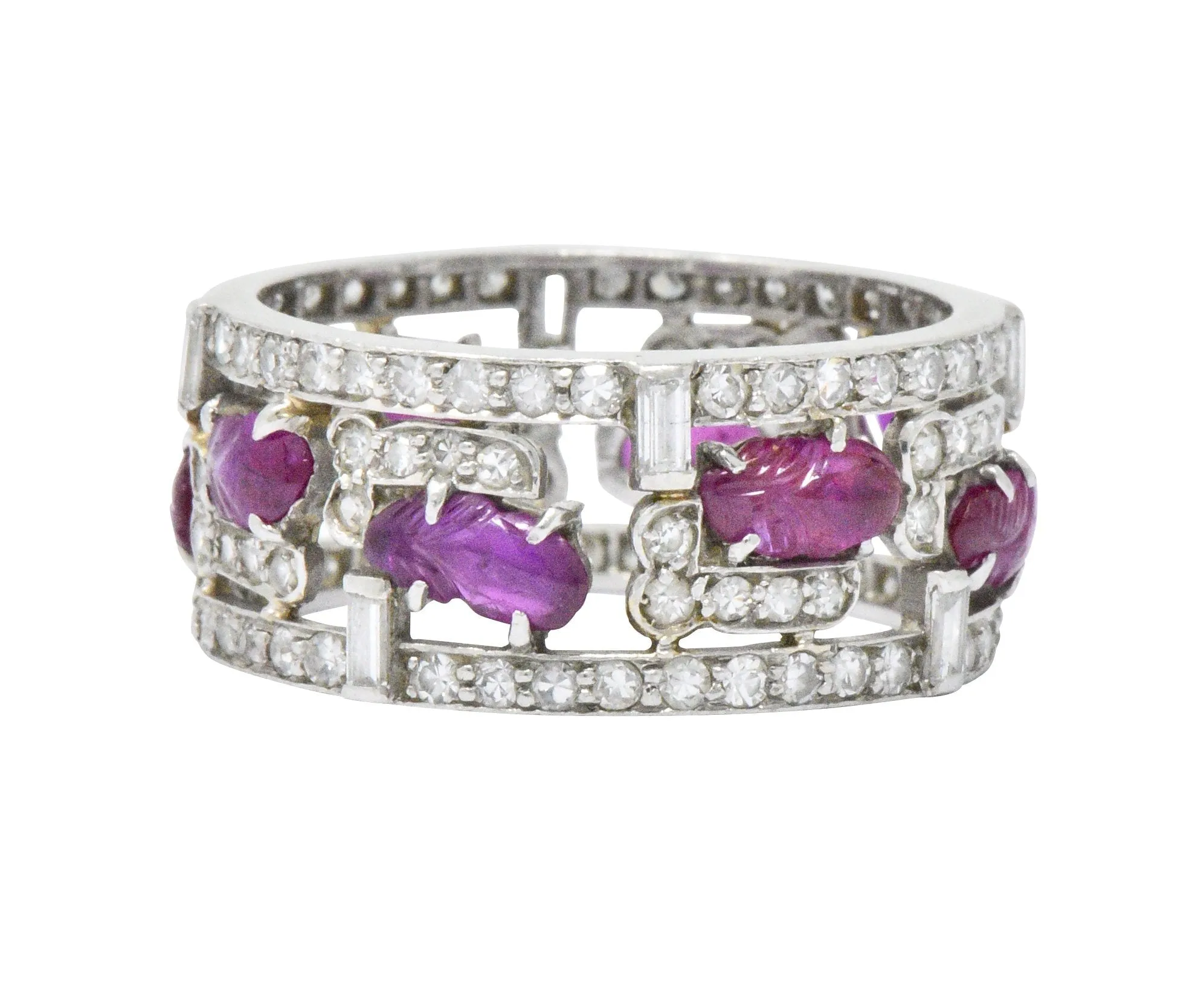 Bold Art Deco 2.50 CTW Diamond Carved Burmese Ruby Platinum Band Ring