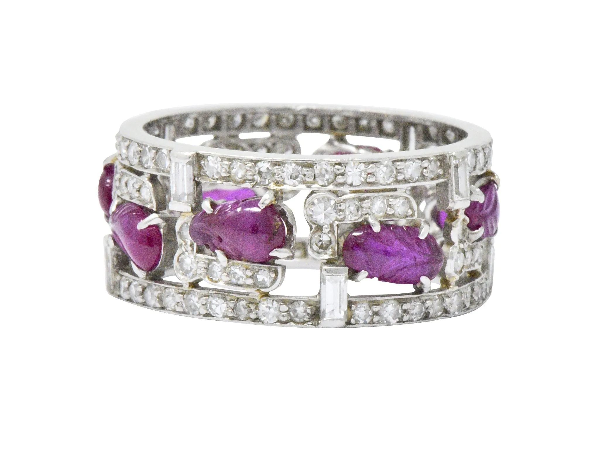 Bold Art Deco 2.50 CTW Diamond Carved Burmese Ruby Platinum Band Ring