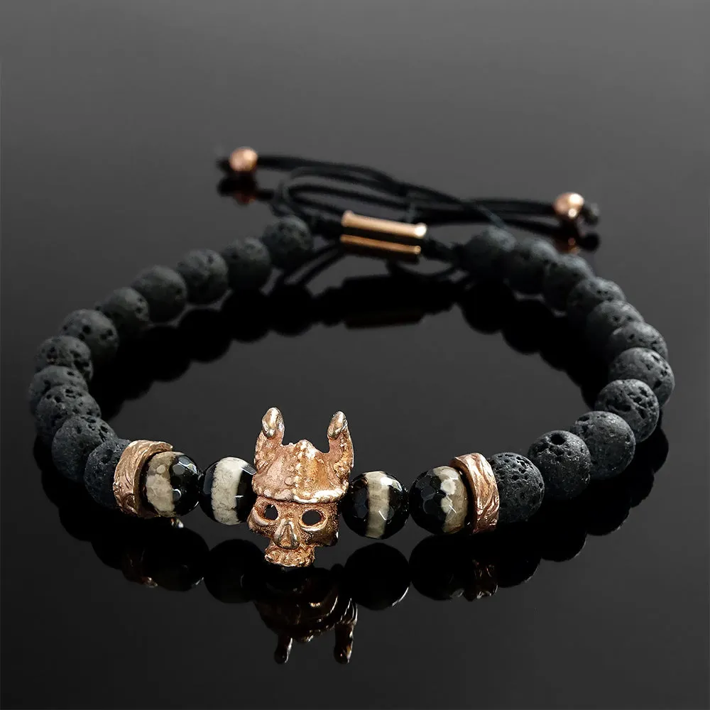 Bracelet for Man Black Lava Stones 6 mm with Rose Gold 925 Silver Skull