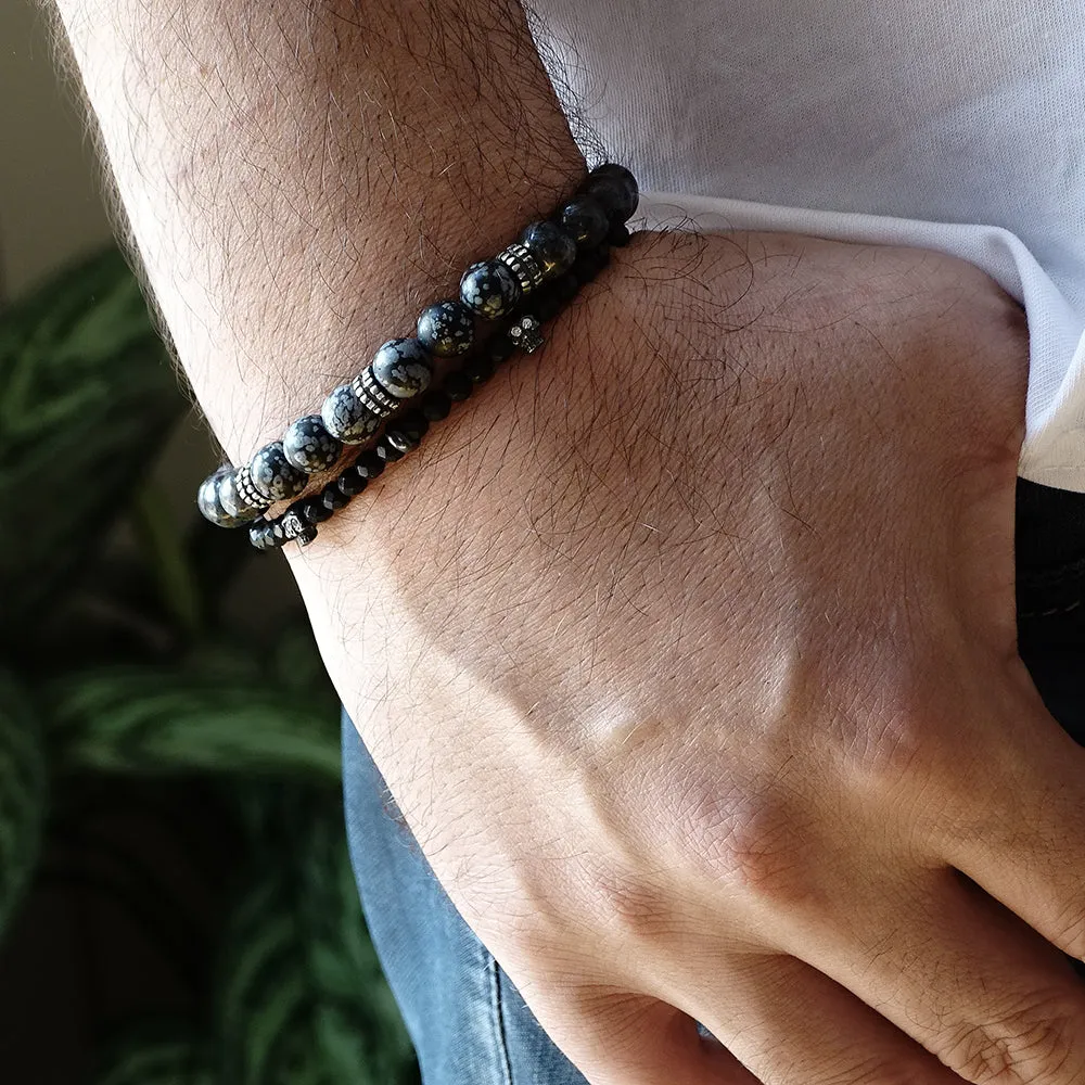 Bracelet Stack Set of 2 Natural Snowflake Obsidian with Onyx Stretch Wristband