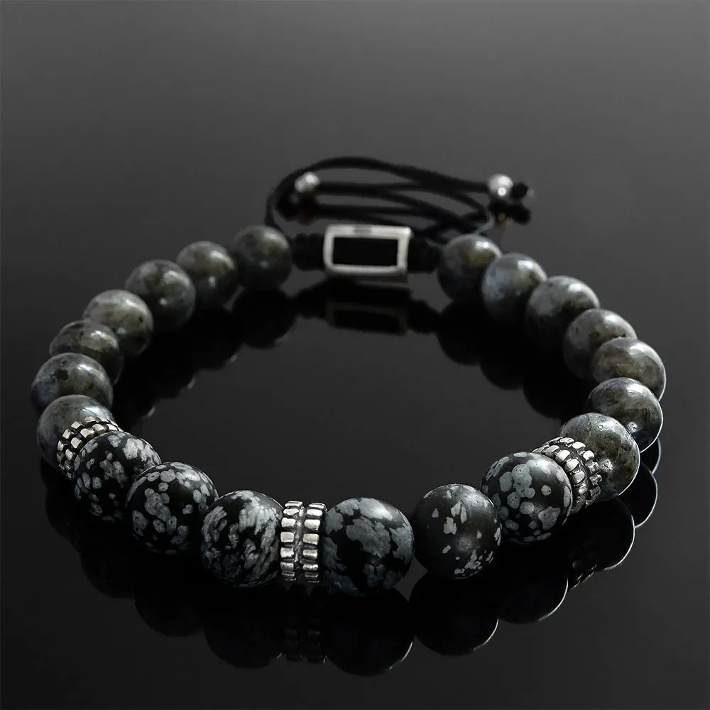 Bracelet Stack Set of 2 Natural Snowflake Obsidian with Onyx Stretch Wristband