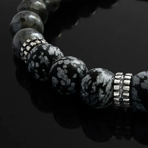 Bracelet Stack Set of 2 Natural Snowflake Obsidian with Onyx Stretch Wristband