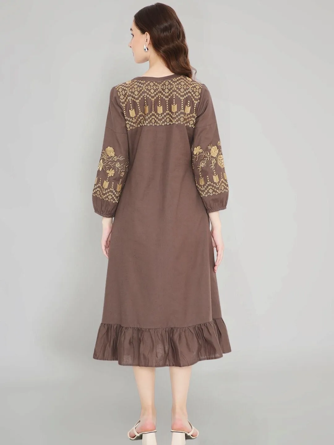 Brown Boho Midi Dress with Embroidered Details
