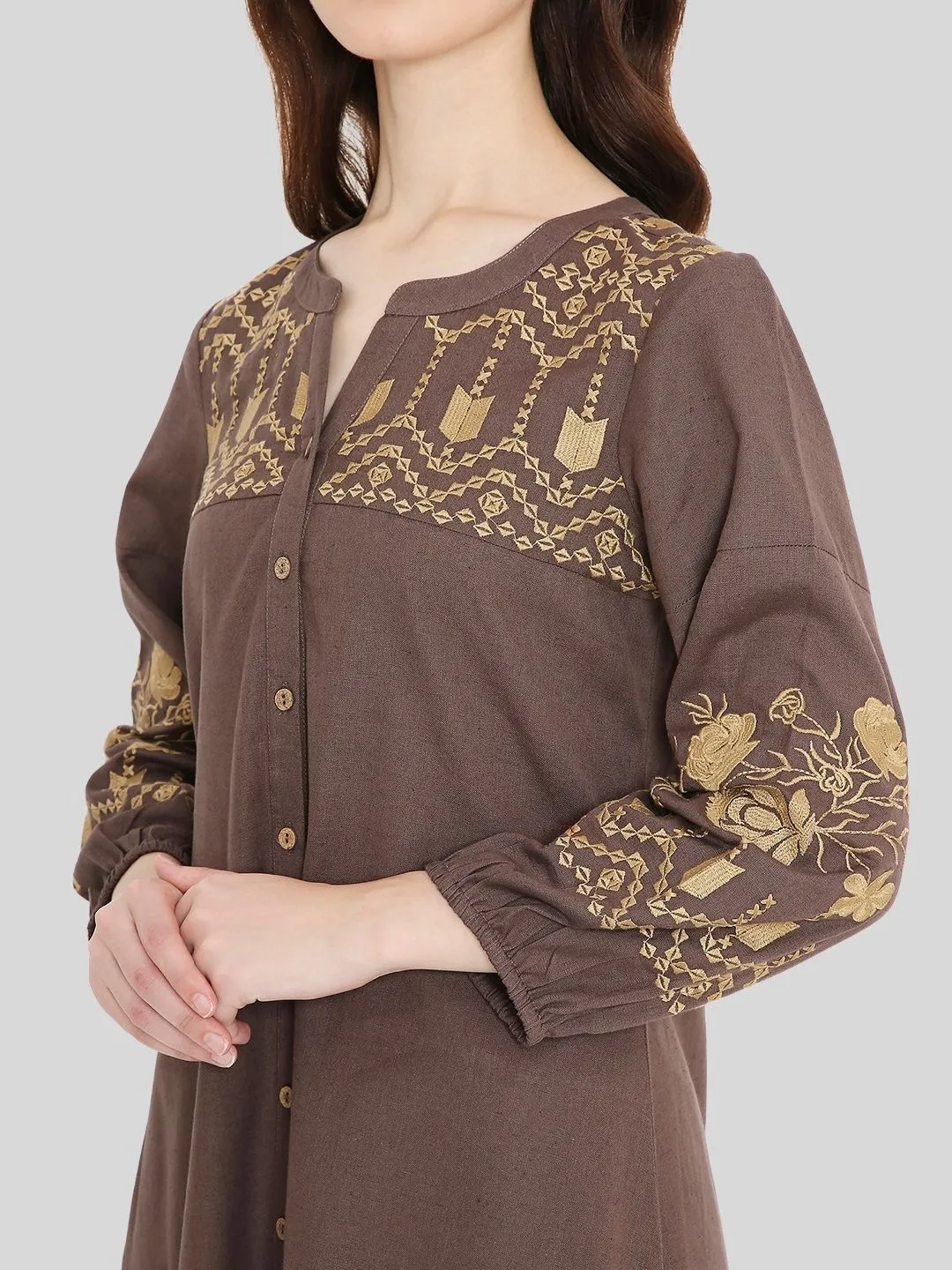 Brown Boho Midi Dress with Embroidered Details
