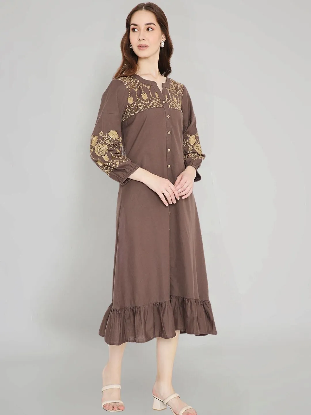 Brown Boho Midi Dress with Embroidered Details
