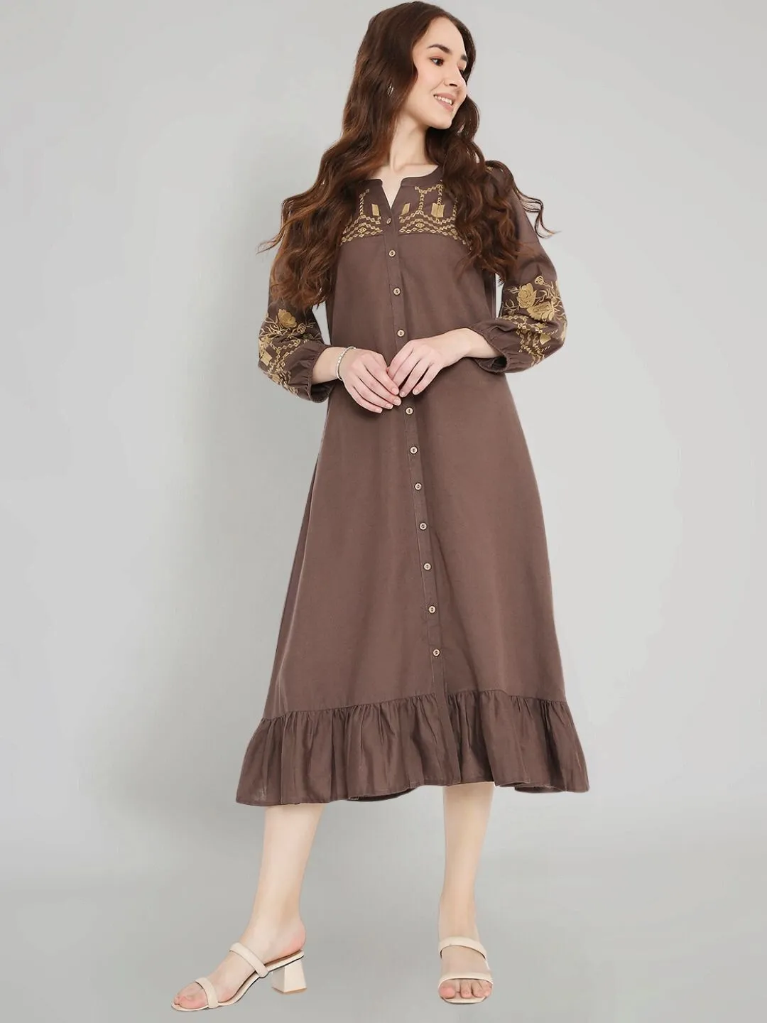 Brown Boho Midi Dress with Embroidered Details