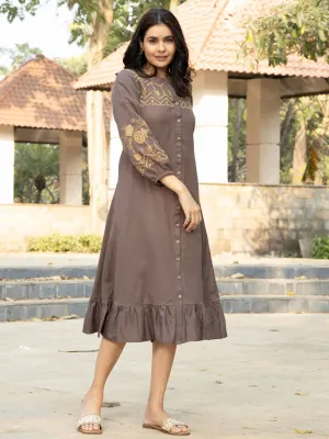 Brown Boho Midi Dress with Embroidered Details