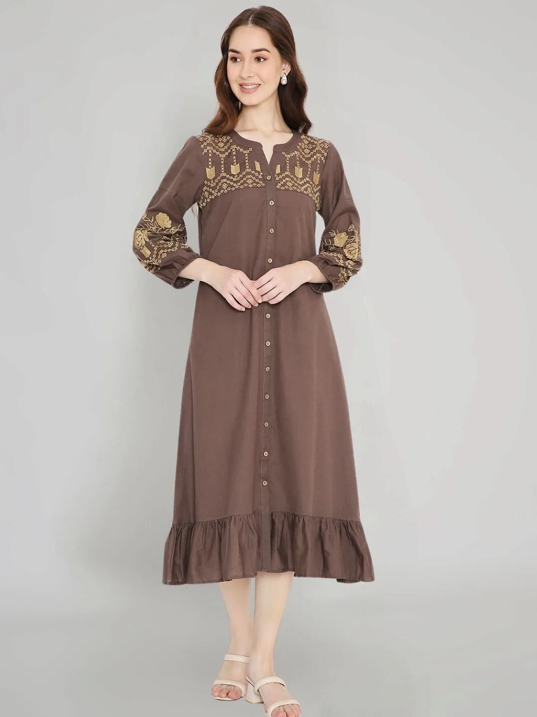 Brown Boho Midi Dress with Embroidered Details